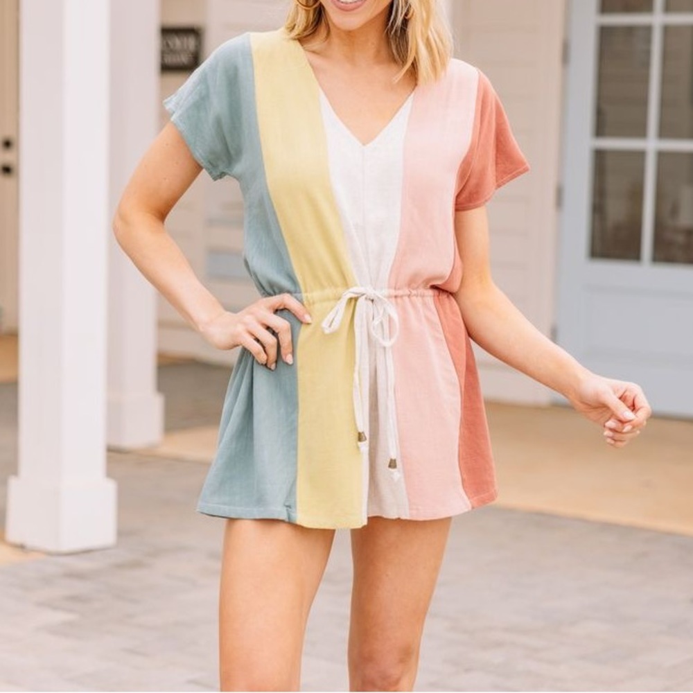 Linen Blend Boho Stripe Colorblock Coastal Romper - image 8